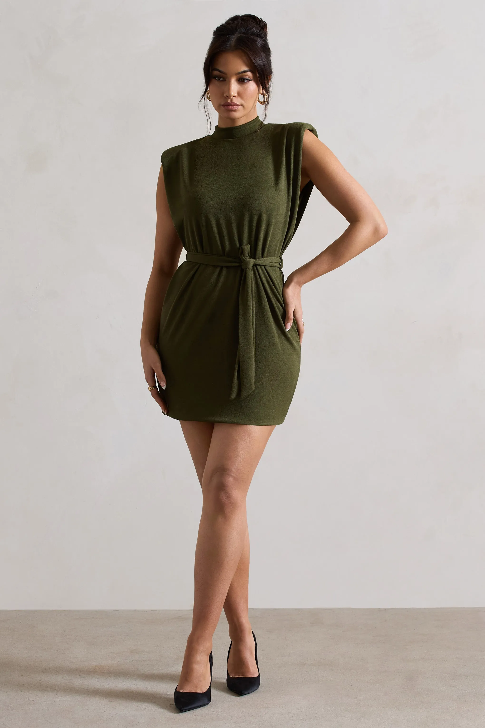 Asher | Olive High-Neck Mini Dress With Tie Waist sold by Club L London product image thumbnail 4