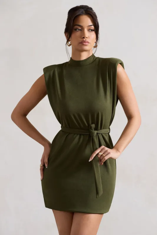 Asher | Olive High-Neck Mini Dress With Tie Waist sold by Club L London