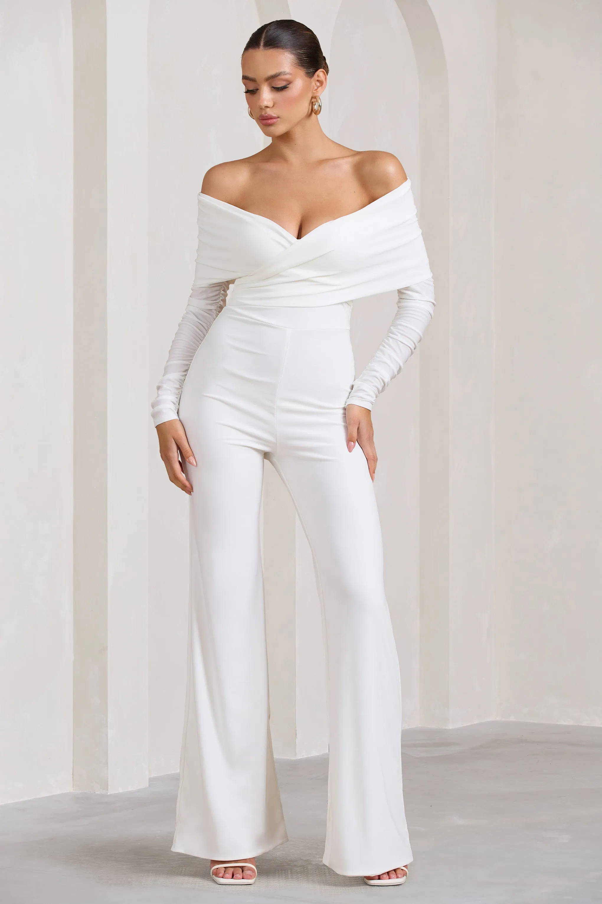 Hand On Heart | White Twist Front Bardot Long Sleeve Jumpsuit sold by Club L London product image thumbnail 5