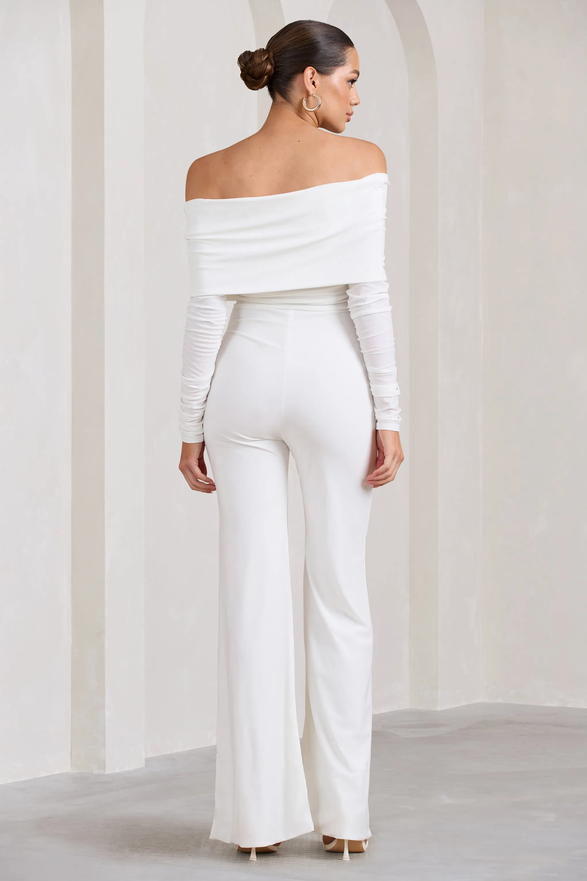 Hand On Heart | White Twist Front Bardot Long Sleeve Jumpsuit sold by Club L London product image thumbnail 2