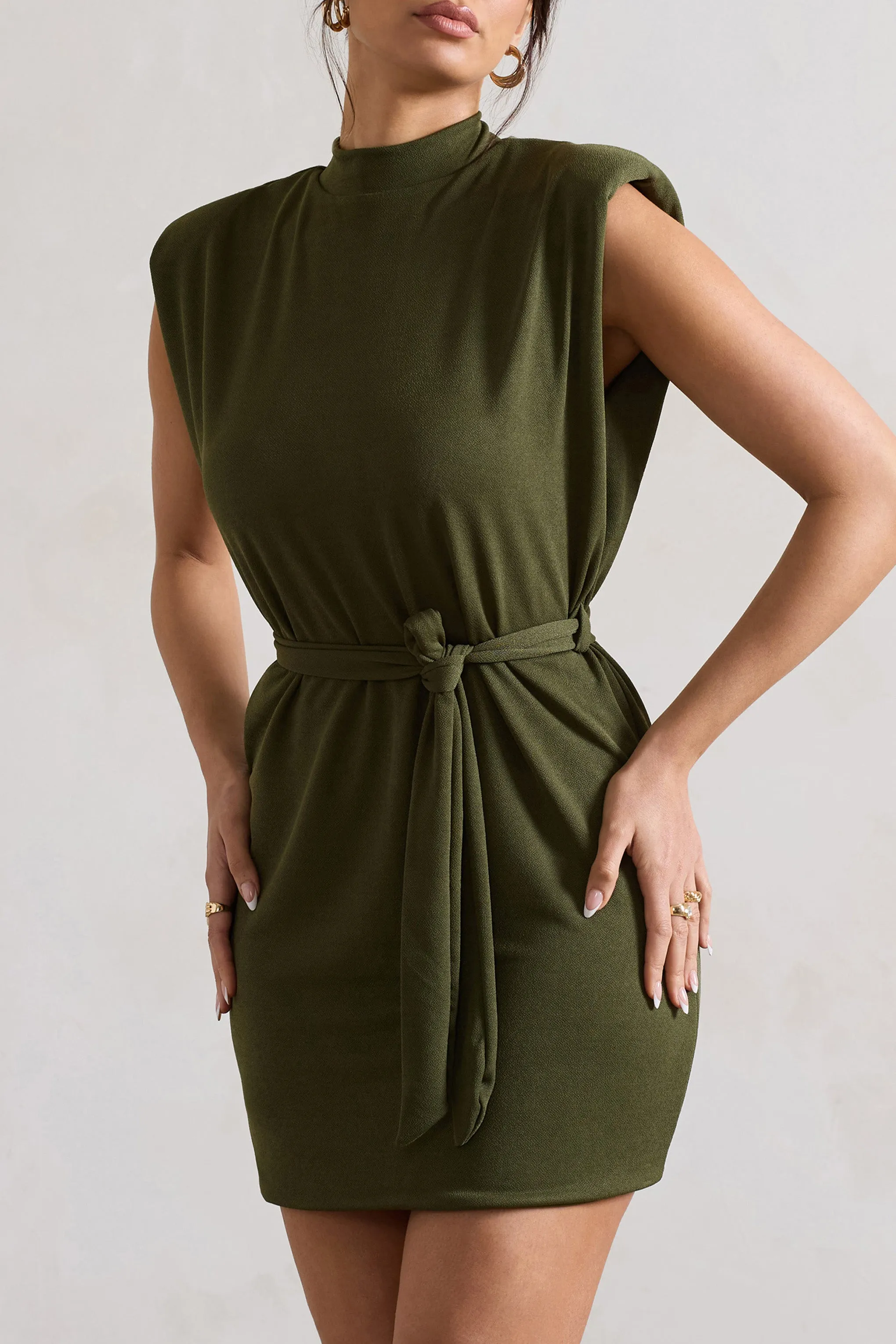 Asher | Olive High-Neck Mini Dress With Tie Waist sold by Club L London product image thumbnail 2