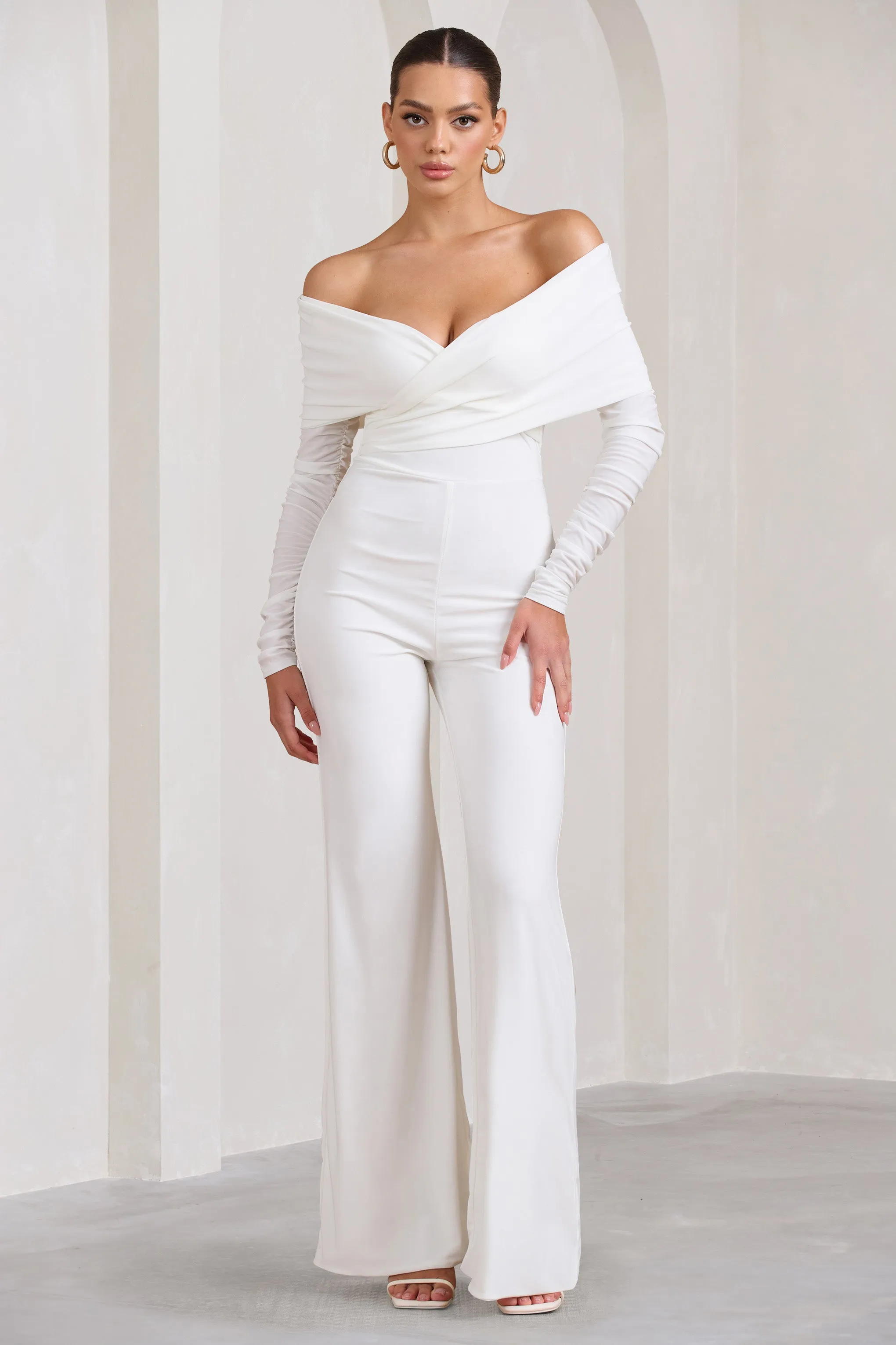 Hand On Heart | White Twist Front Bardot Long Sleeve Jumpsuit sold by Club L London