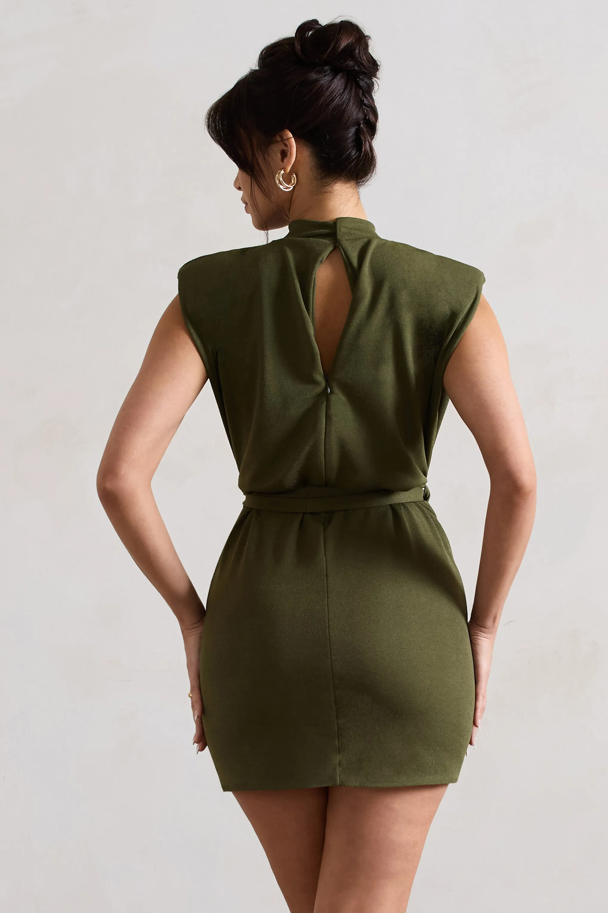 Asher | Olive High-Neck Mini Dress With Tie Waist sold by Club L London product image thumbnail 5