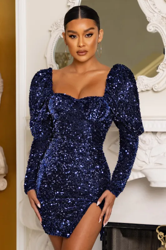 Shine Bright | Navy Sequin Mini Dress With Puff Sleeves sold by Club L London