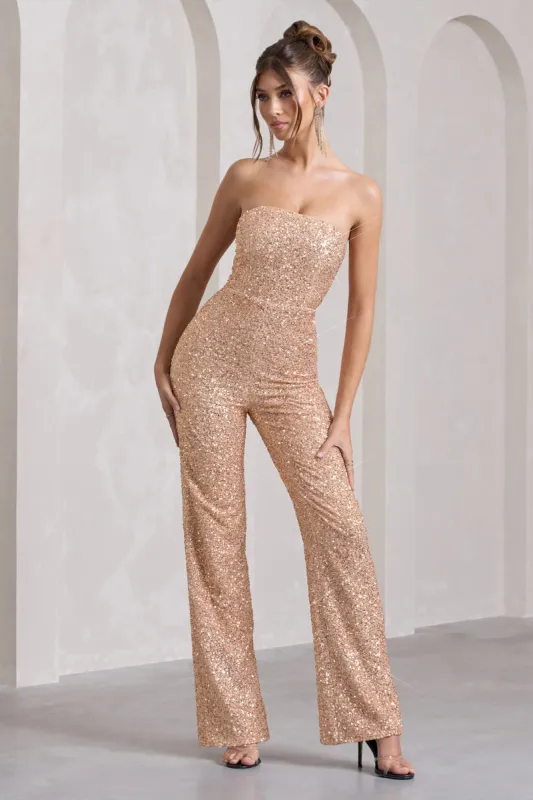 Ray | Rose Gold Sequin Bandeau Wide-Leg Jumpsuit sold by Club L London