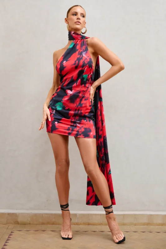 Nasira | Black Floral Asymmetric Neck Open Back Mini Dress With Scarf Detail sold by Club L London