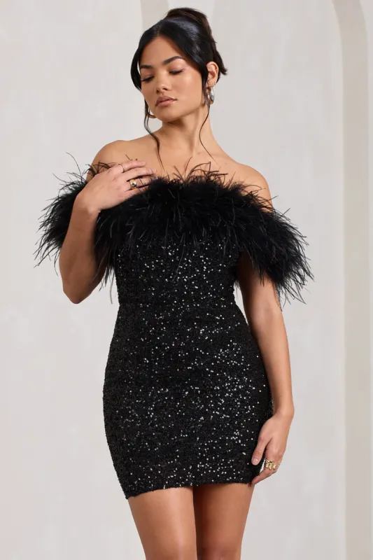 New Money | Black Bodycon Sequin Mini Dress With Feather Trim sold by Club L London