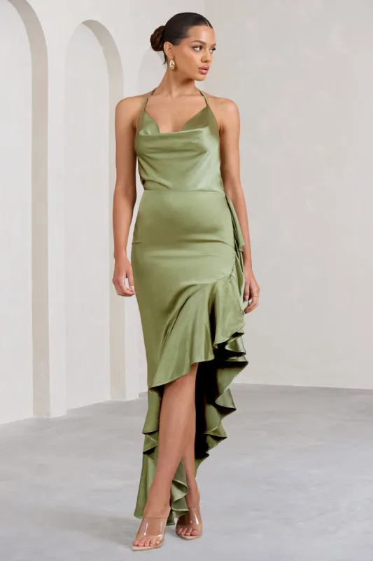 Lady Rosselini | Olive Strappy Asymmetric Ruffled Maxi Dress sold by Club L London