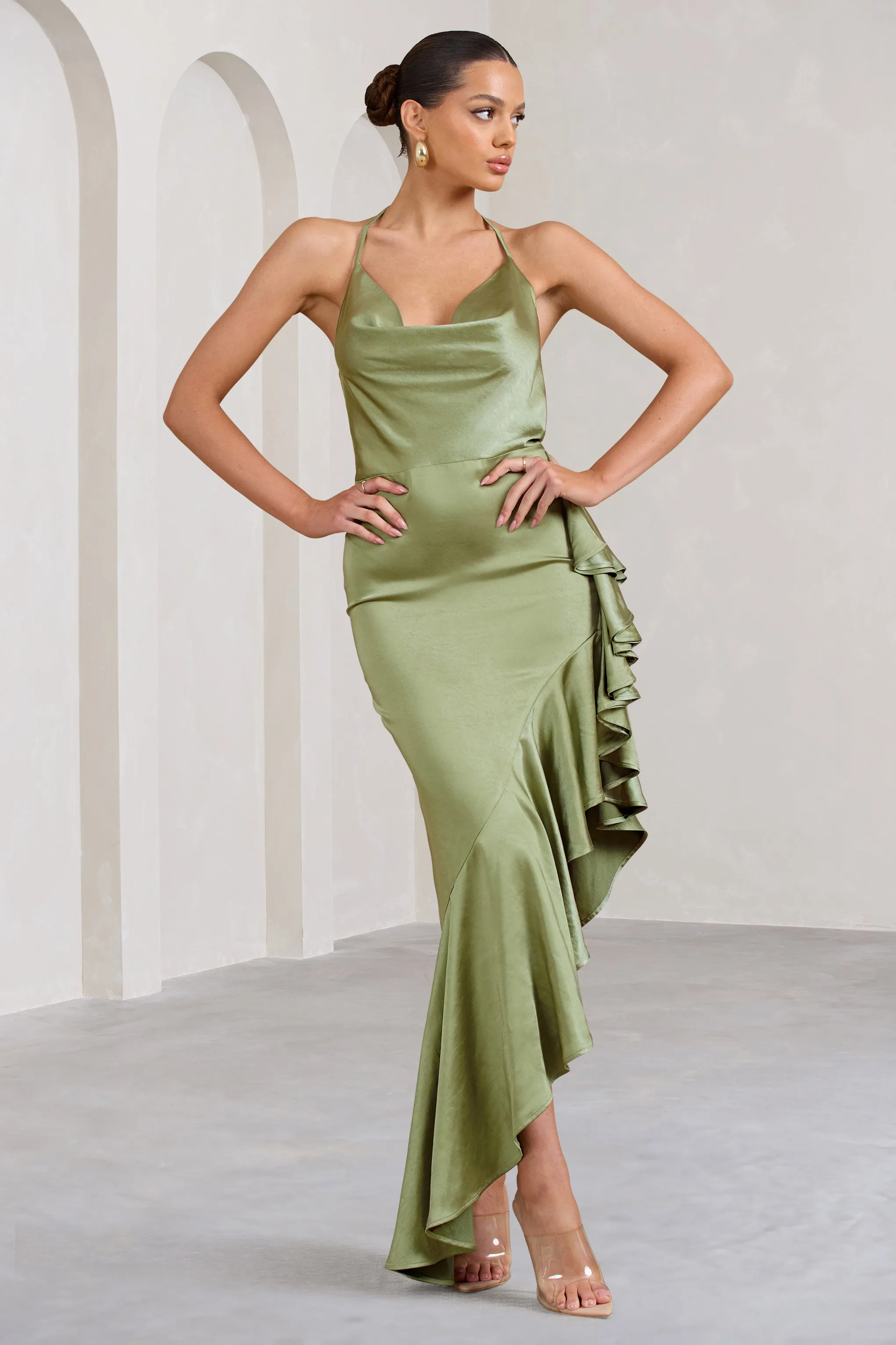 Lady Rosselini | Olive Strappy Asymmetric Ruffled Maxi Dress sold by Club L London product image thumbnail 3