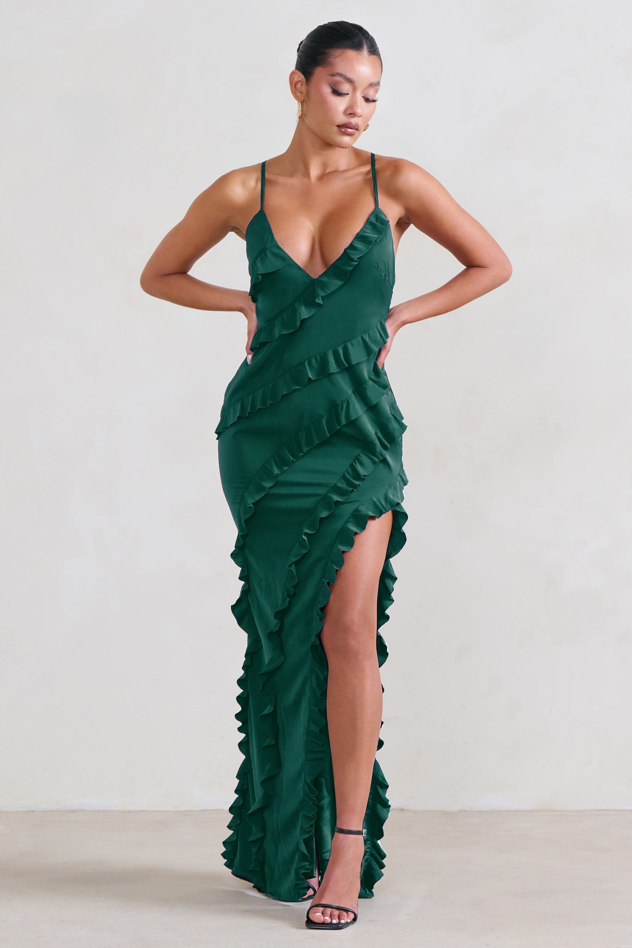 Run The World | Bottle Green Sweetheart Neckline Ruffle Maxi Dress sold by Club L London product image thumbnail 5