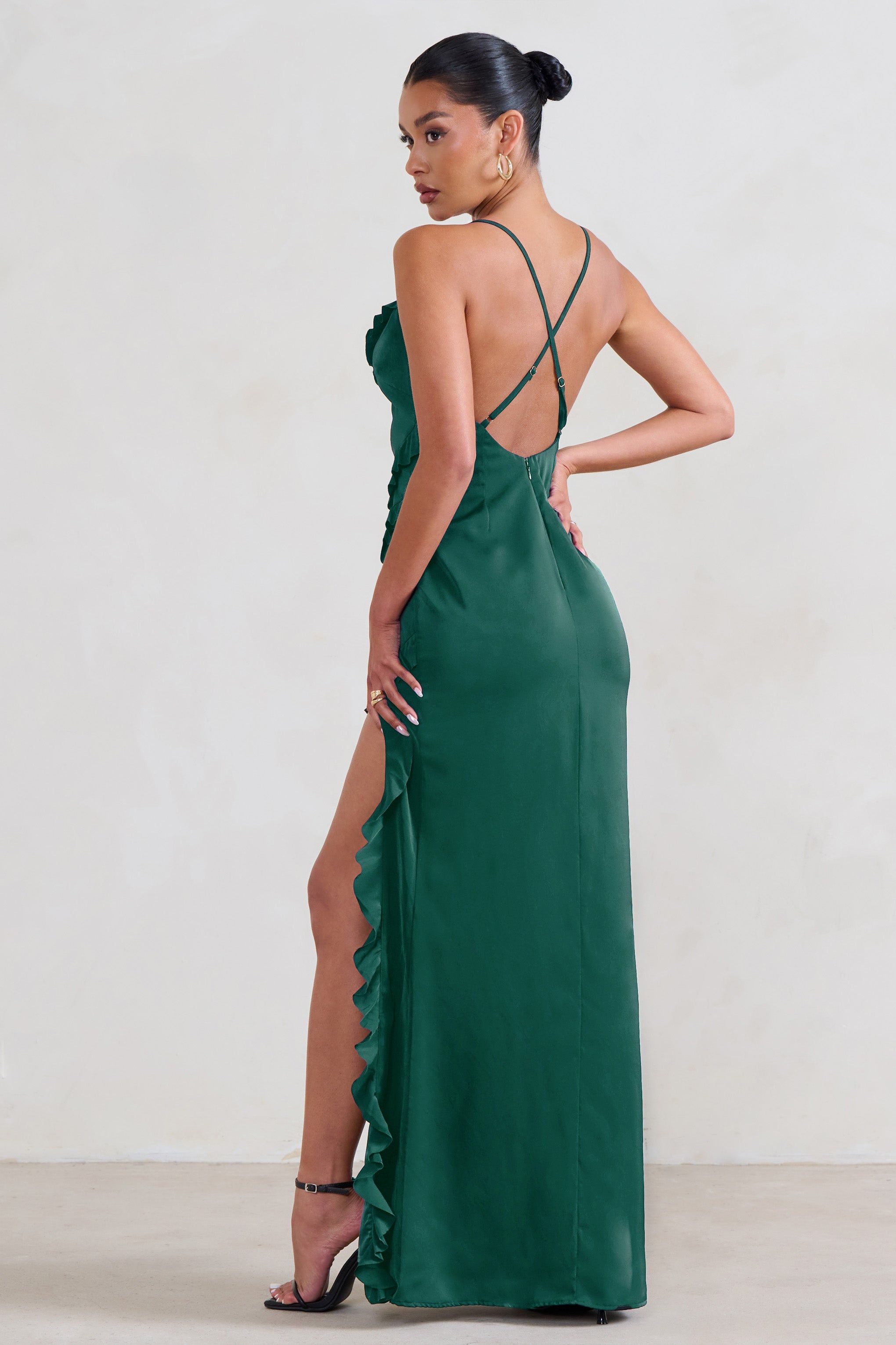 Run The World | Bottle Green Sweetheart Neckline Ruffle Maxi Dress sold by Club L London product image thumbnail 2