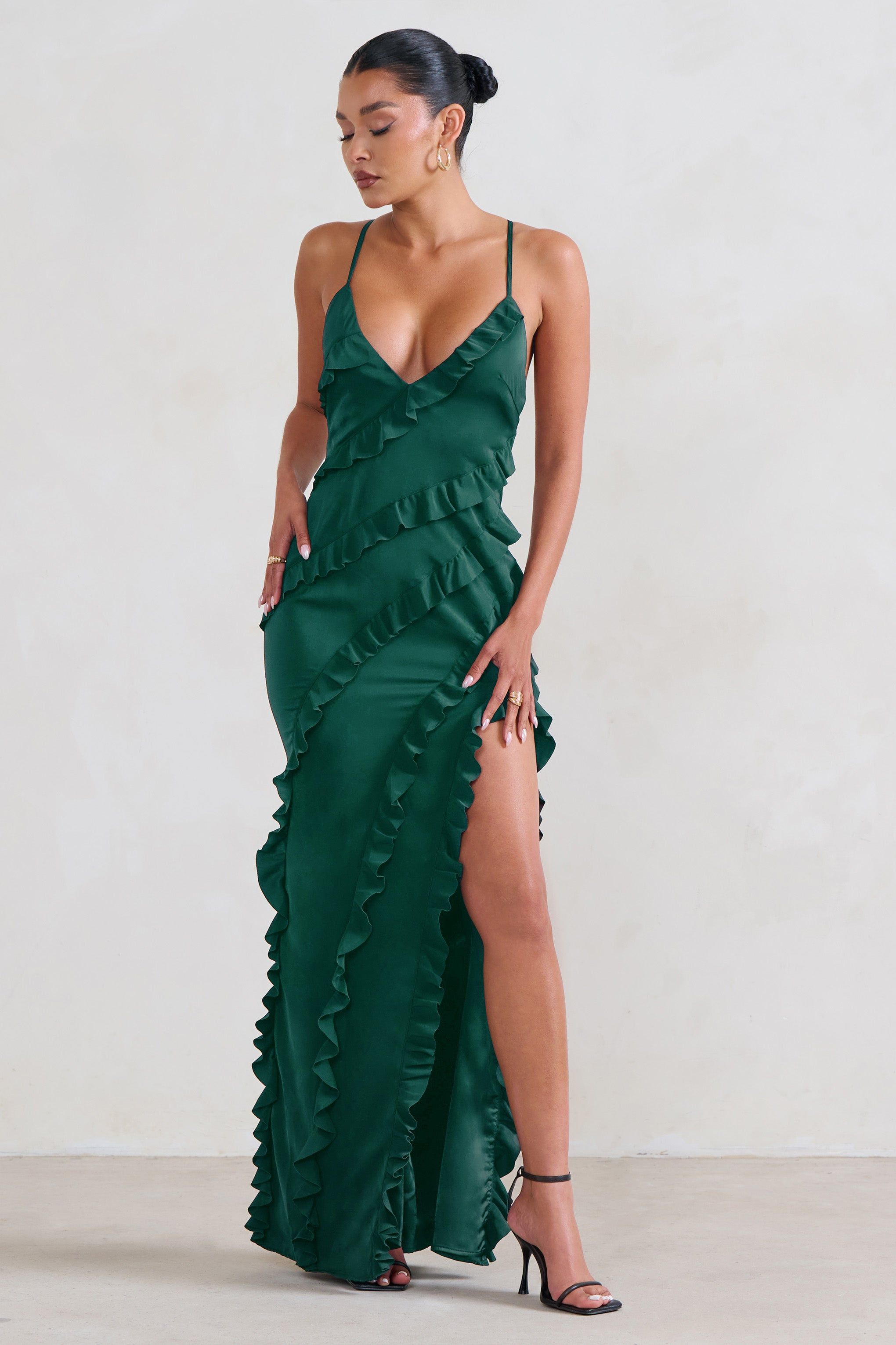 Run The World | Bottle Green Sweetheart Neckline Ruffle Maxi Dress sold by Club L London product image thumbnail 4