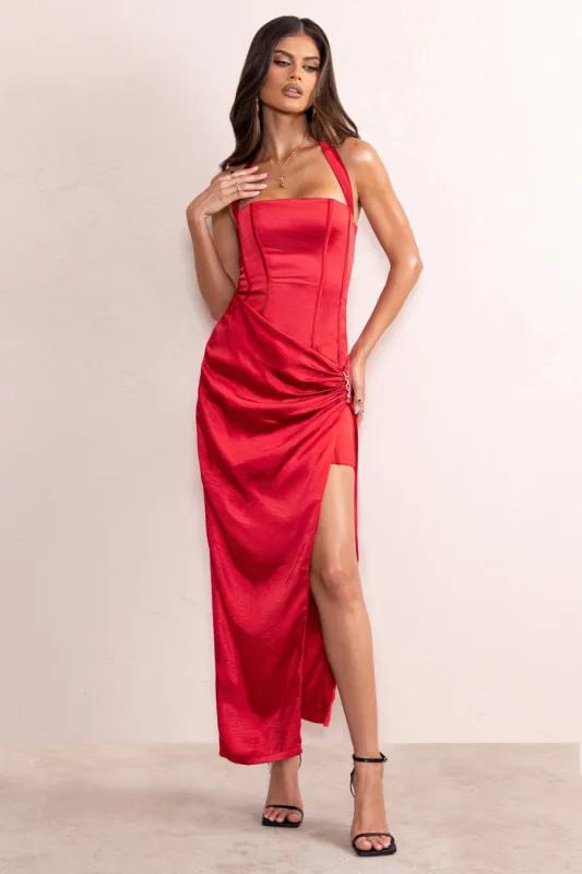 Clara | Red Satin Halter Neck Corset Wrap Skirt Maxi Dress sold by Club L London