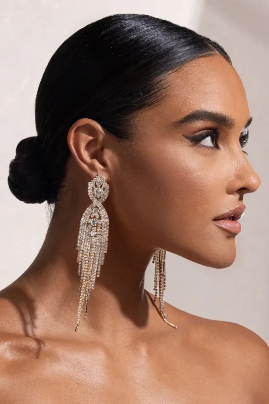 Pia | Gold Diamante Tassel Drop Earrings sold by Club L London