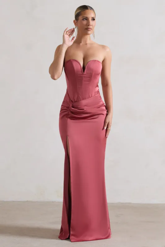 Ardelle | Rose Pink Satin Corseted Wrap Maxi Dress sold by Club L London