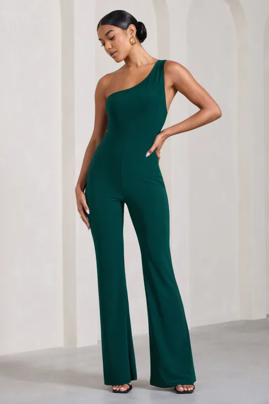 In The Dark | Bottle Green Sleeveless Asymmetric Flared-Leg Jumpsuit sold by Club L London