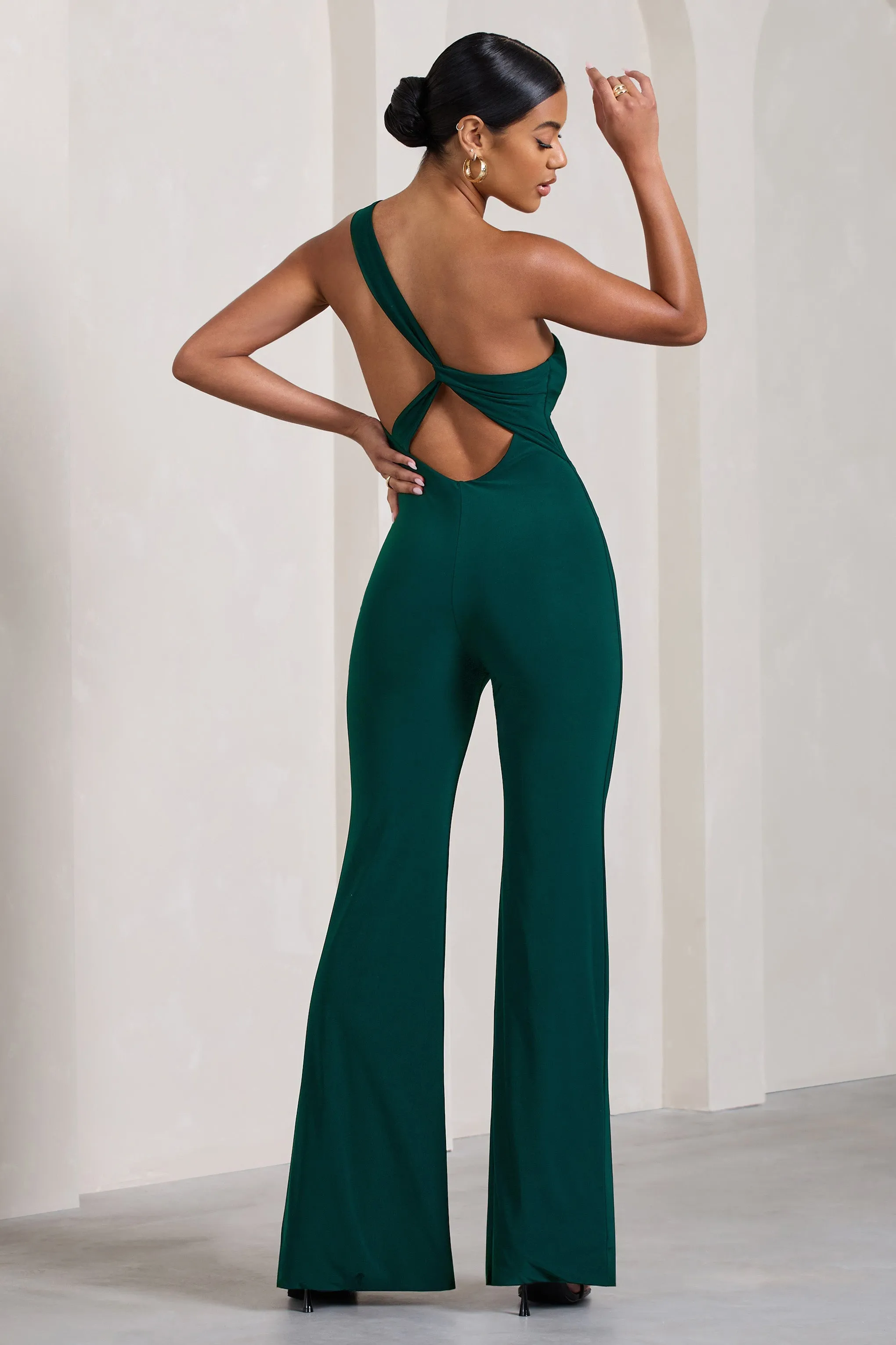 In The Dark | Bottle Green Sleeveless Asymmetric Flared-Leg Jumpsuit sold by Club L London product image thumbnail 5