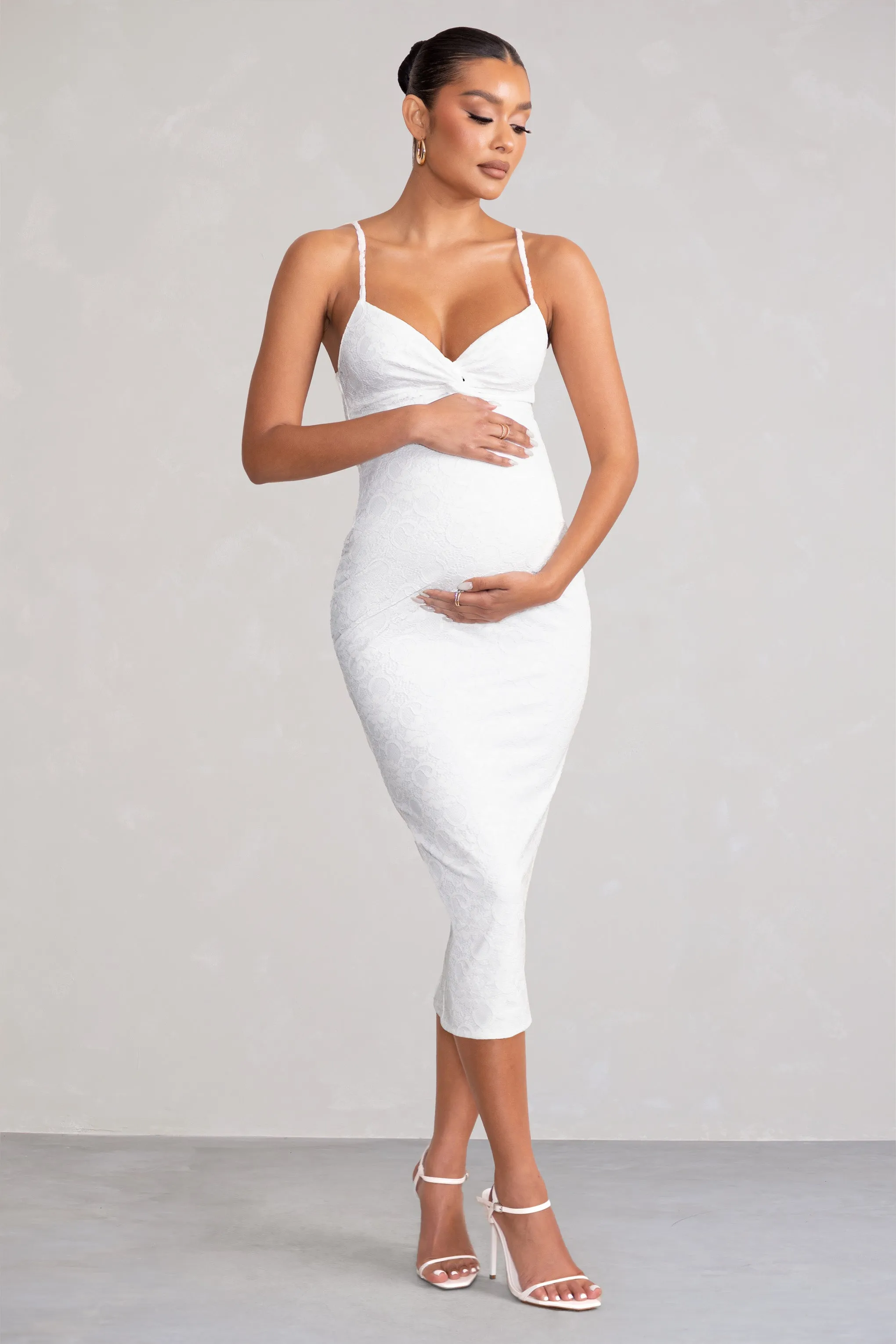 Nelly | White Maternity Cami Midi Dress with Twist Plunge sold by Club L London