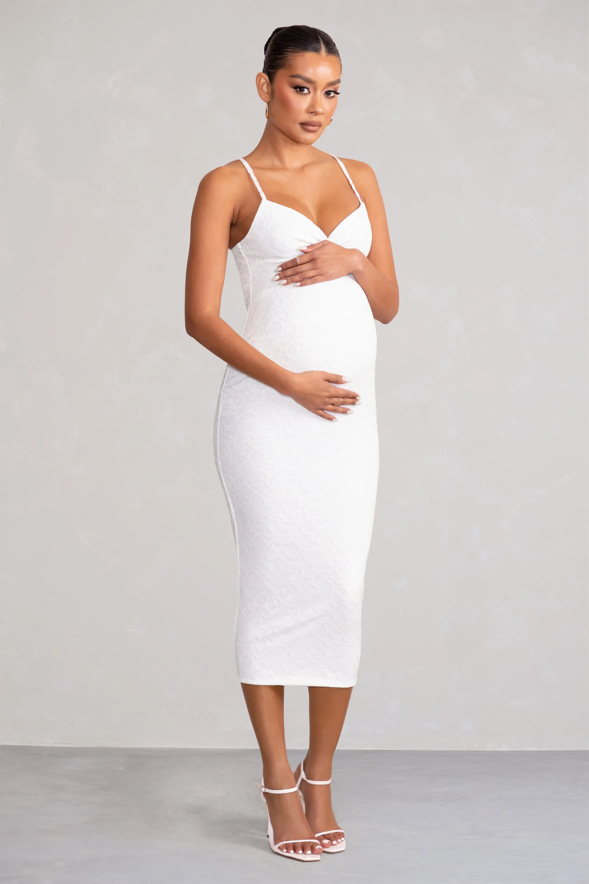 Nelly | White Maternity Cami Midi Dress with Twist Plunge sold by Club L London product image thumbnail 5