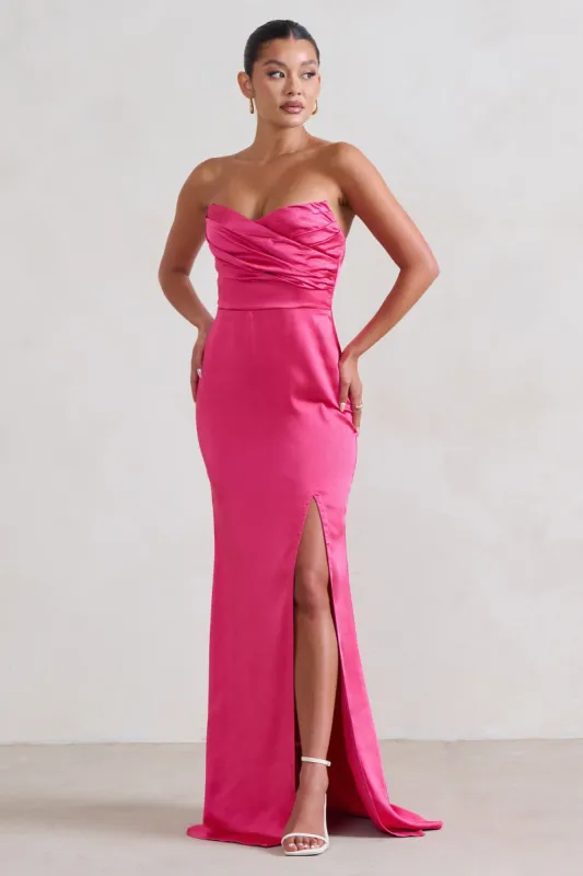 Coraline | Hot Pink Strapless Maxi Dress With Split sold by Club L London