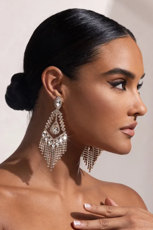 Caterina | Gold Triangle Diamante Teardrop Drop Earrings sold by Club L London