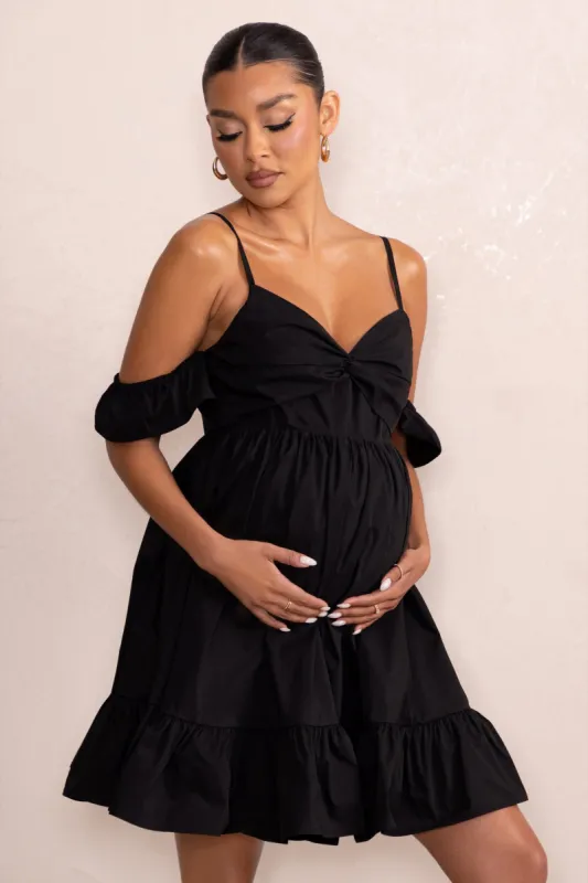 Kai | Black Cami Babydoll Maternity Mini Dress With Ruffle Cold Shoulder Sleeves sold by Club L London