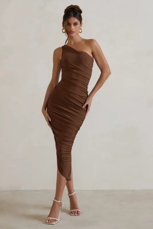 Dorit | Chocolate One Shoulder Asymmetric Ruched Midi Dress sold by Club L London