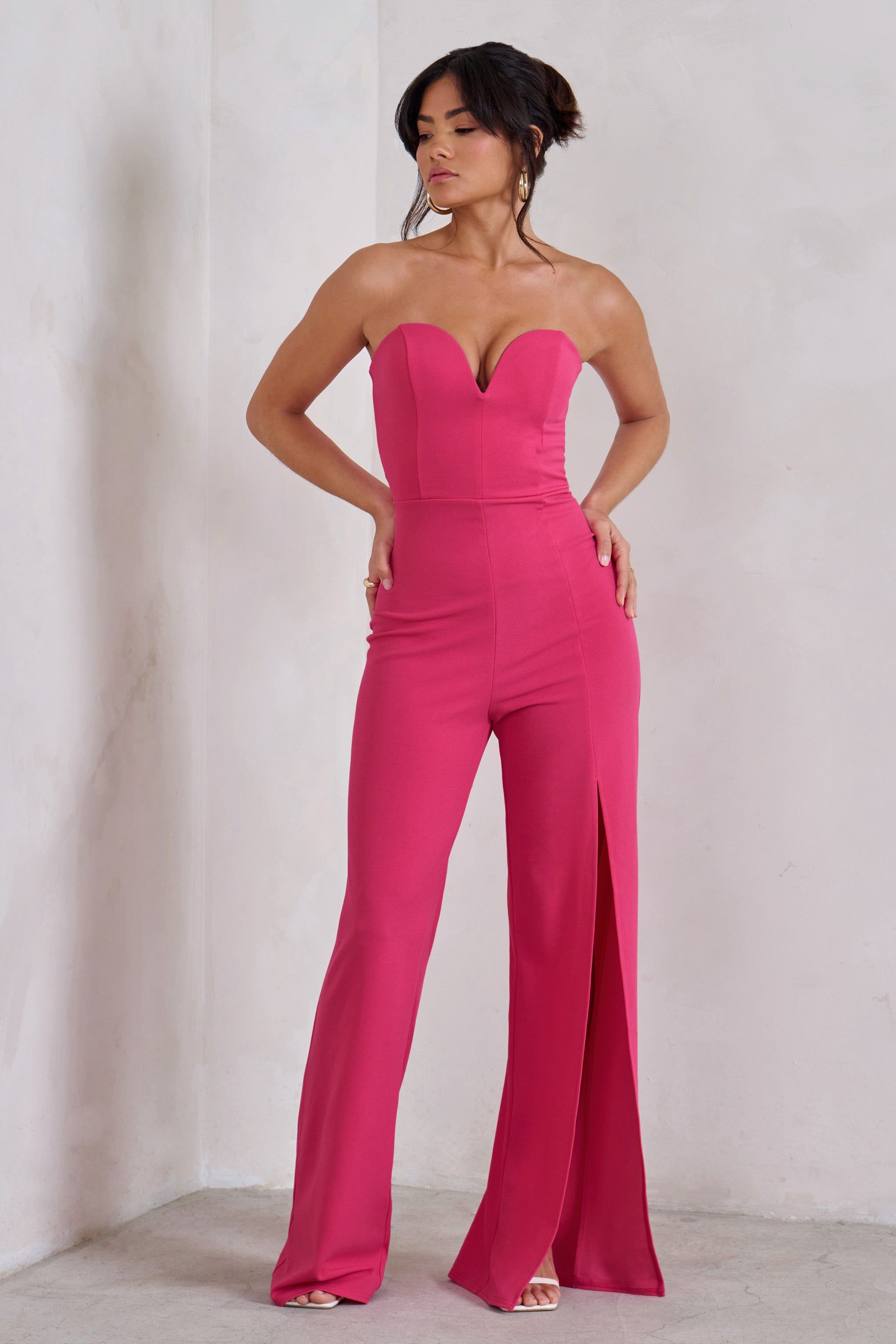 Tory | Hot Pink Strapless Sweetheart Wide Leg Jumpsuit With Split sold by Club L London product image thumbnail 6
