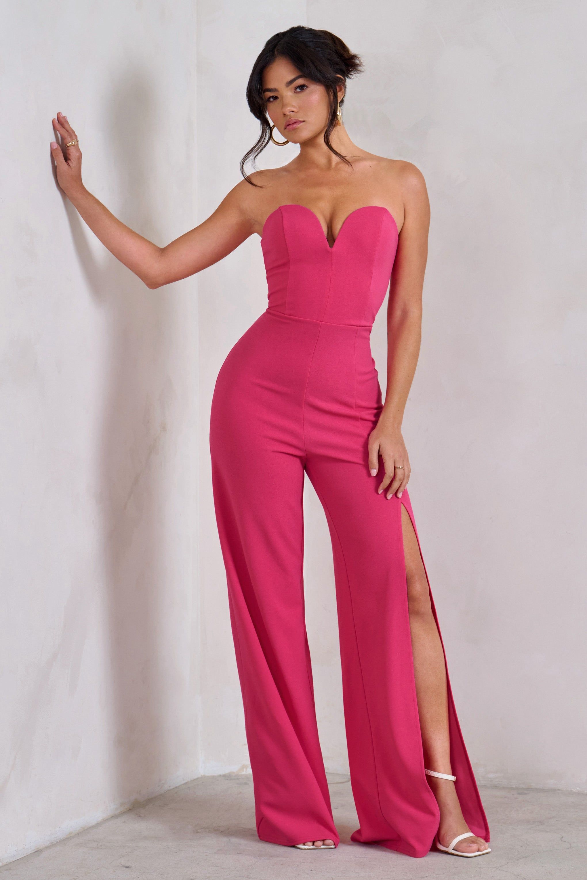 Tory | Hot Pink Strapless Sweetheart Wide Leg Jumpsuit With Split sold by Club L London