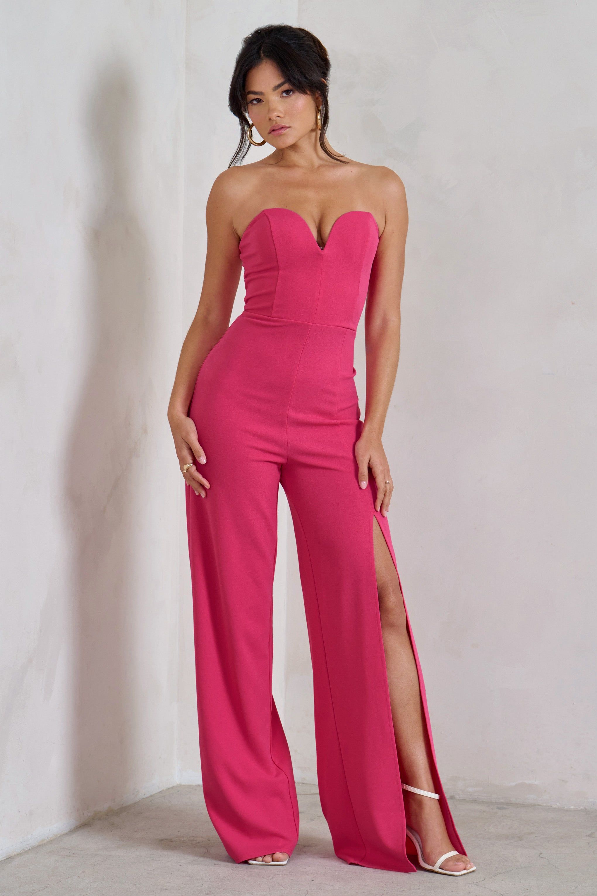 Tory | Hot Pink Strapless Sweetheart Wide Leg Jumpsuit With Split sold by Club L London product image thumbnail 5