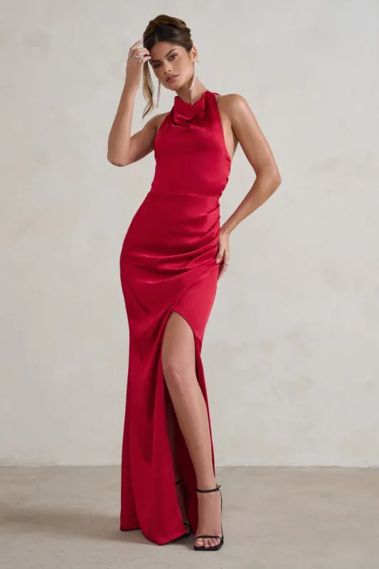 Forever Feature | Berry Red High Neck Wrap Maxi Dress sold by Club L London