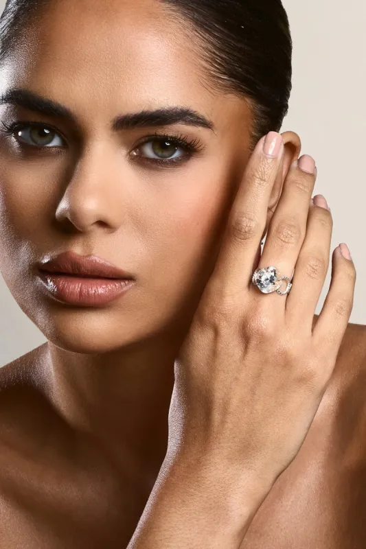 Savi | Silver Adjustable Diamante Ring sold by Club L London