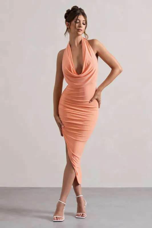 Hayley | Peach Cowl-Neck Asymmetric Maxi Dress sold by Club L London