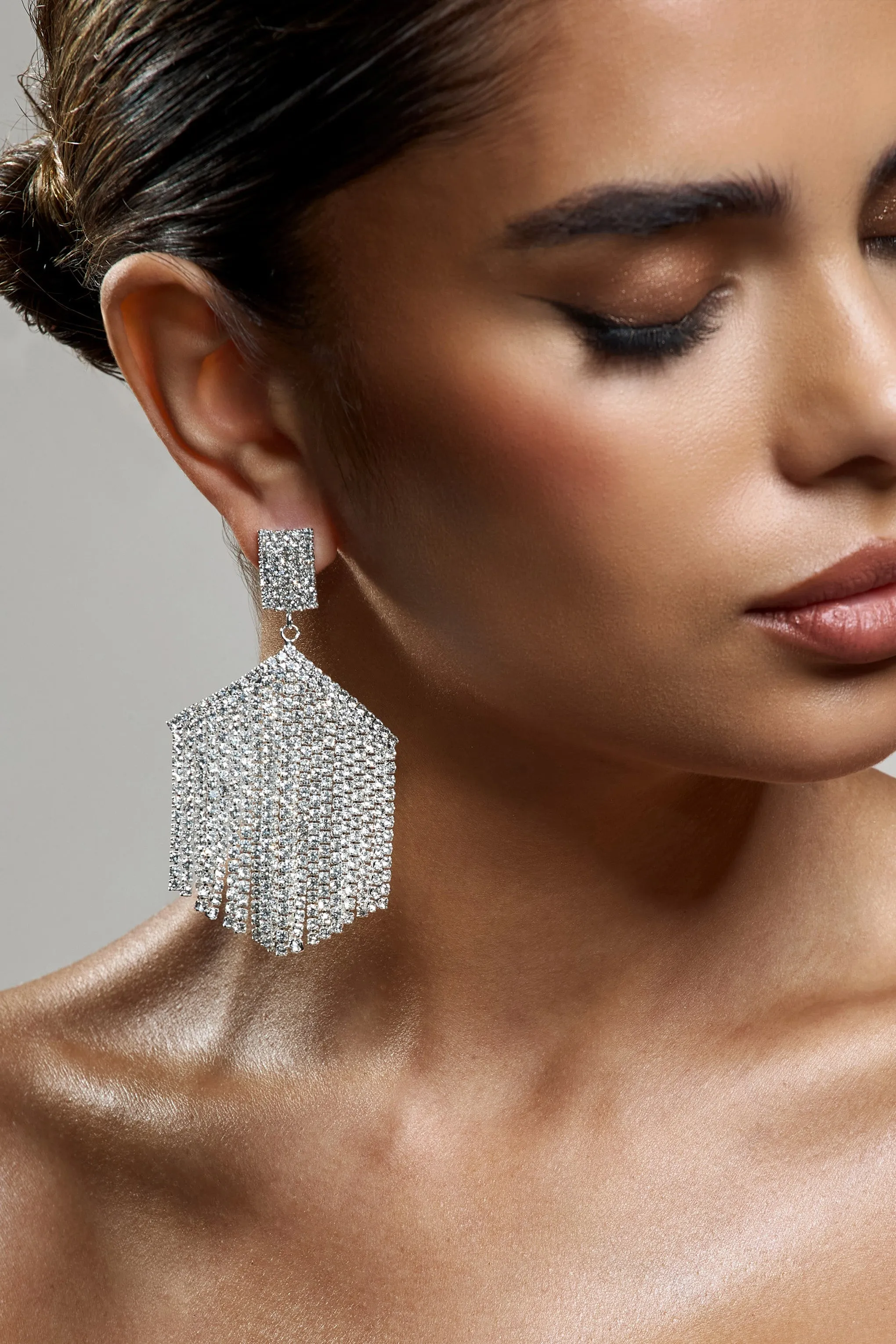 Sea Of Stars | Silver Diamante Tassel Drop Earrings sold by Club L London product image thumbnail 4