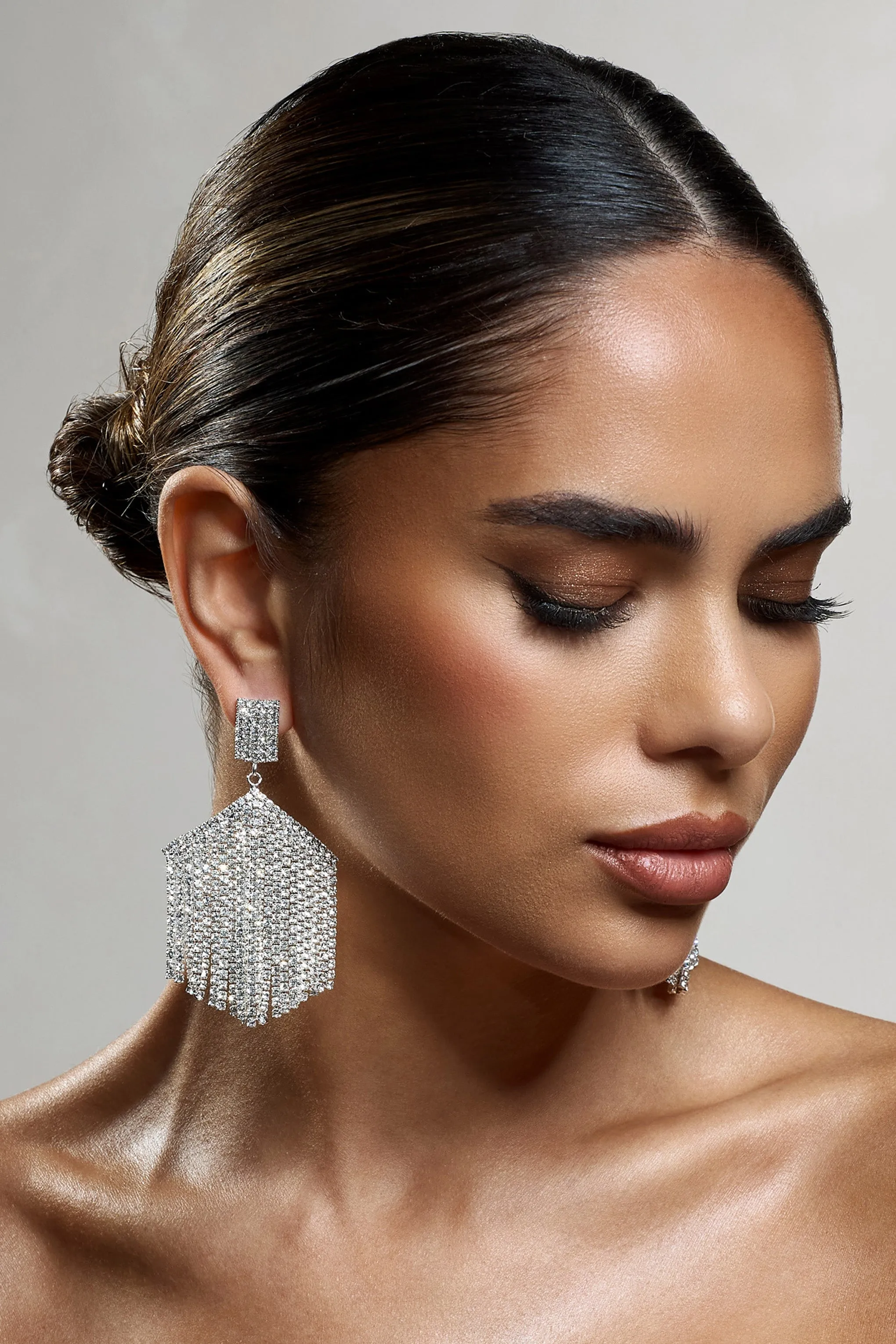 Sea Of Stars | Silver Diamante Tassel Drop Earrings sold by Club L London product image thumbnail 3