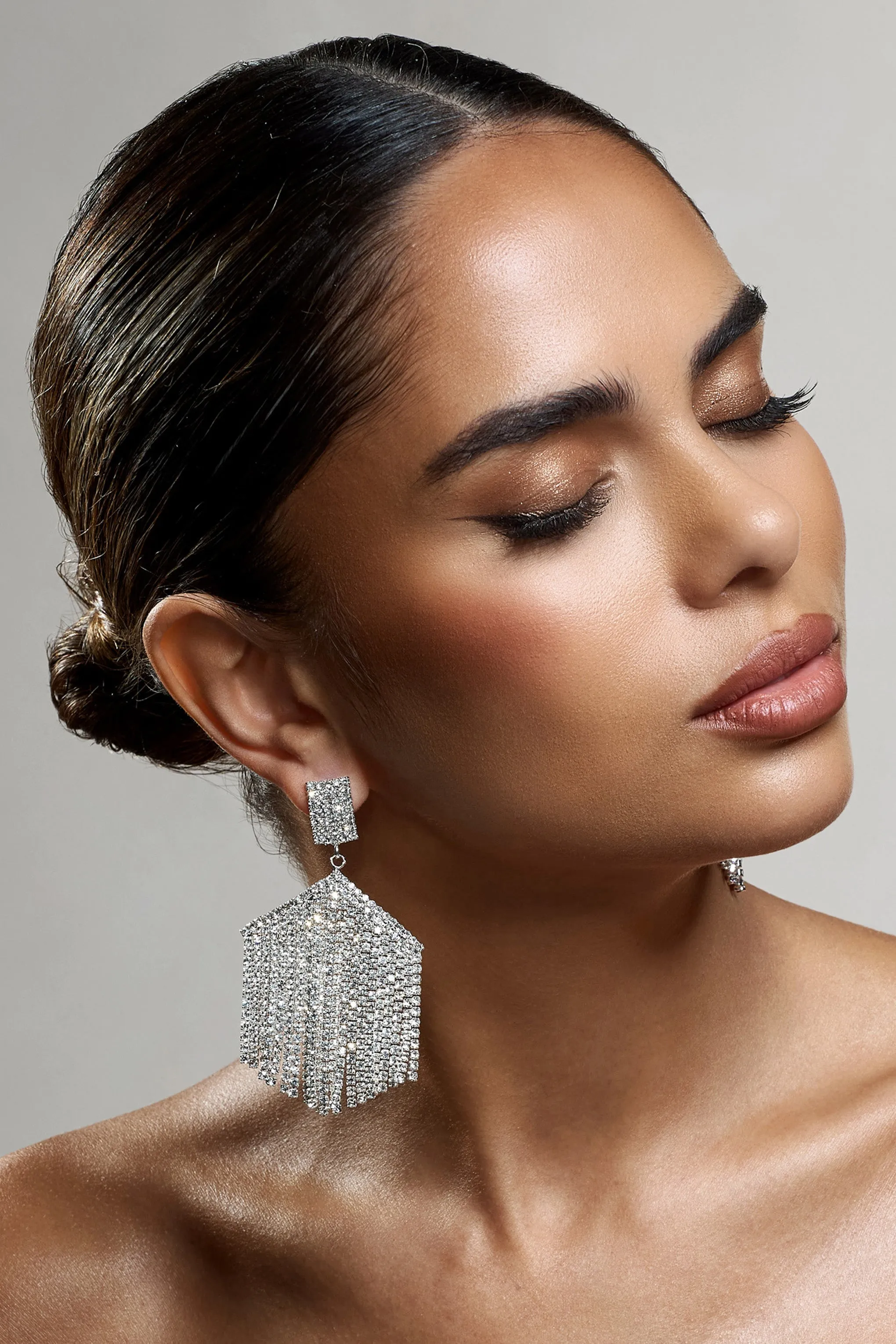 Sea Of Stars | Silver Diamante Tassel Drop Earrings sold by Club L London product image thumbnail 2