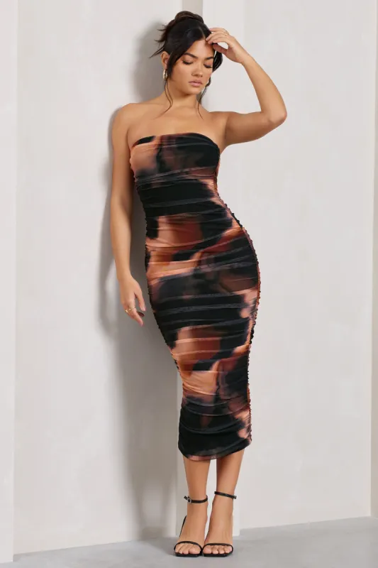 My Girl | Orange Smoke Print Strapless Bodycon Ruched Mesh Maxi Dress sold by Club L London