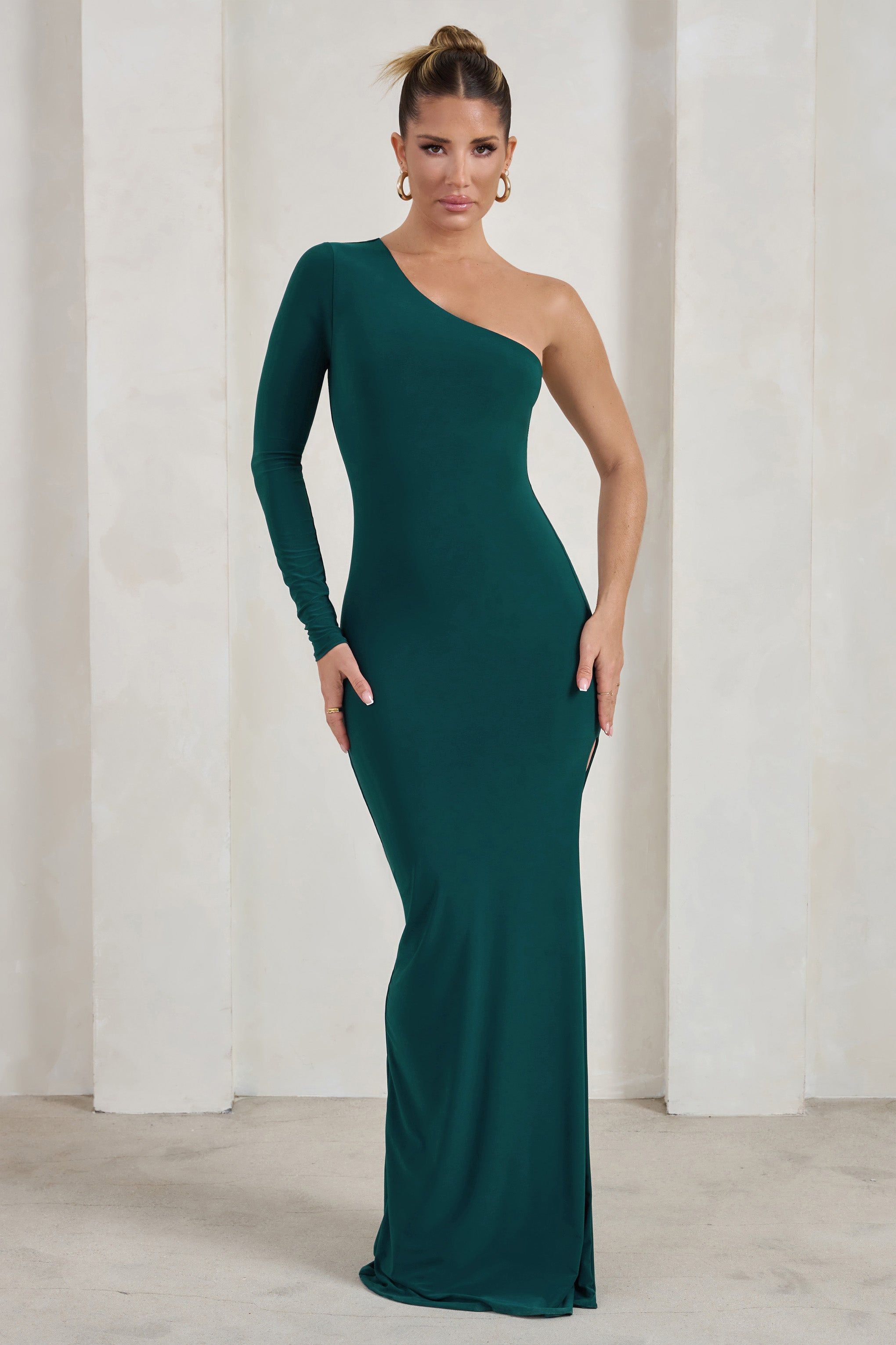 Melanie | Green One Shoulder Split Maxi Dress sold by Club L London