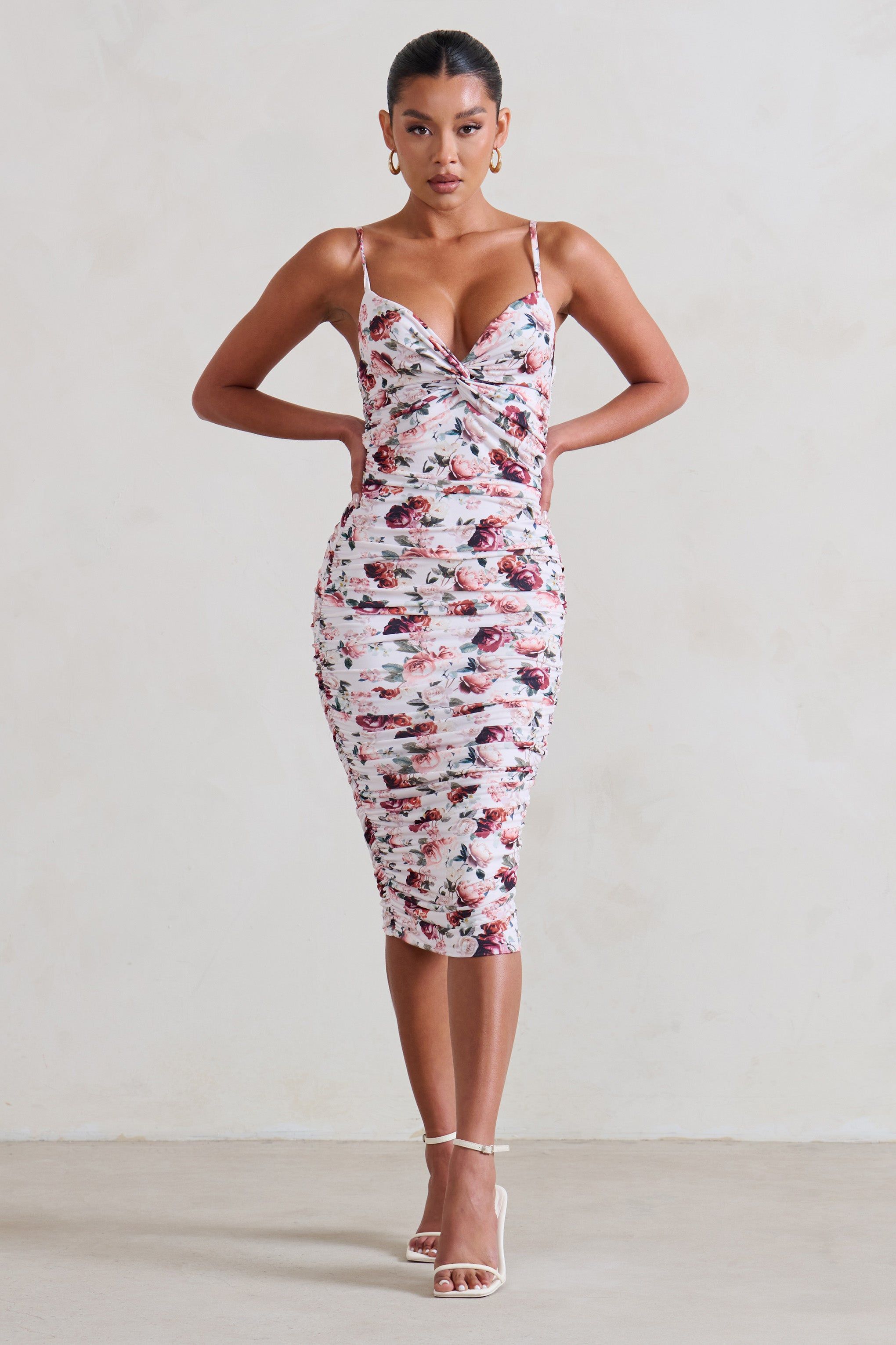 Desired | White Floral Ruched Strappy Midi Dress sold by Club L London