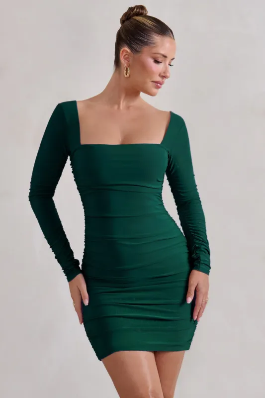 Muse | Green Long Sleeve Square Neck Ruched Mini Dress sold by Club L London