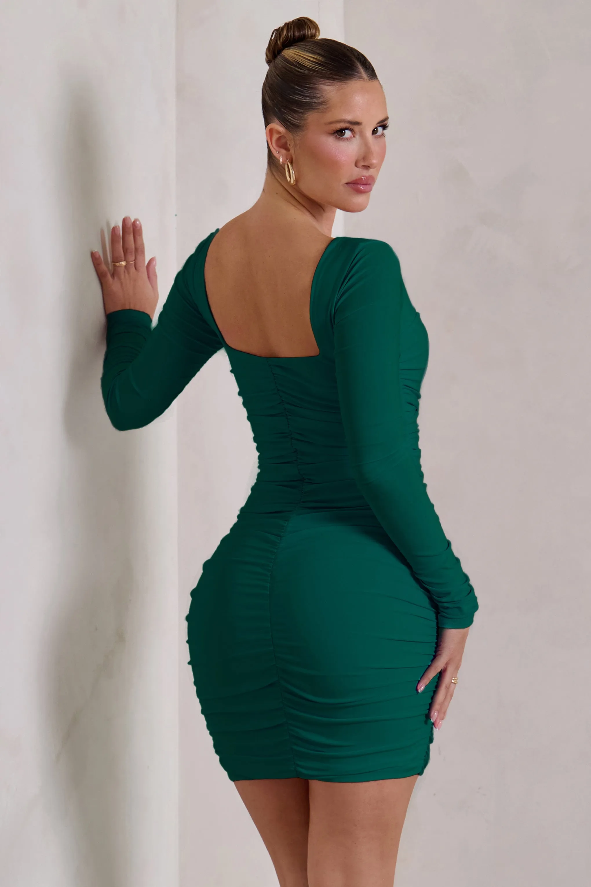 Muse | Green Long Sleeve Square Neck Ruched Mini Dress sold by Club L London product image thumbnail 2