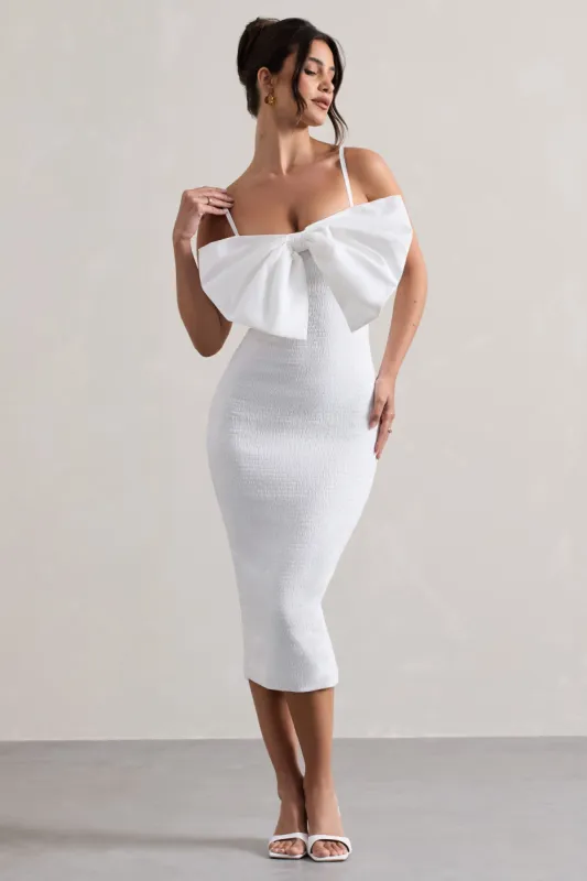 Love Poem | White Bodycon Midi Dress With Oversized Bow sold by Club L London