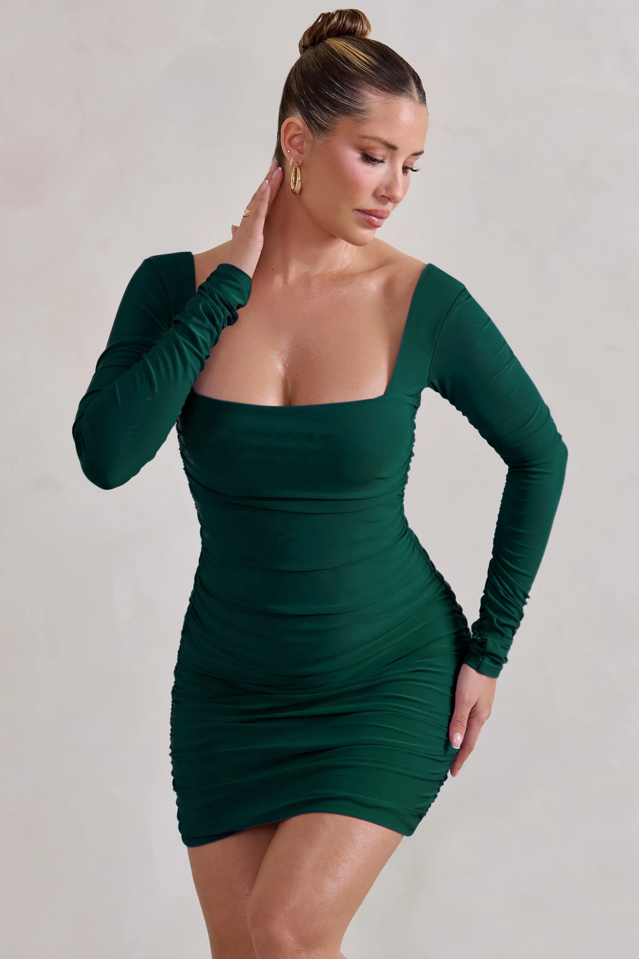 Muse | Green Long Sleeve Square Neck Ruched Mini Dress sold by Club L London product image thumbnail 4
