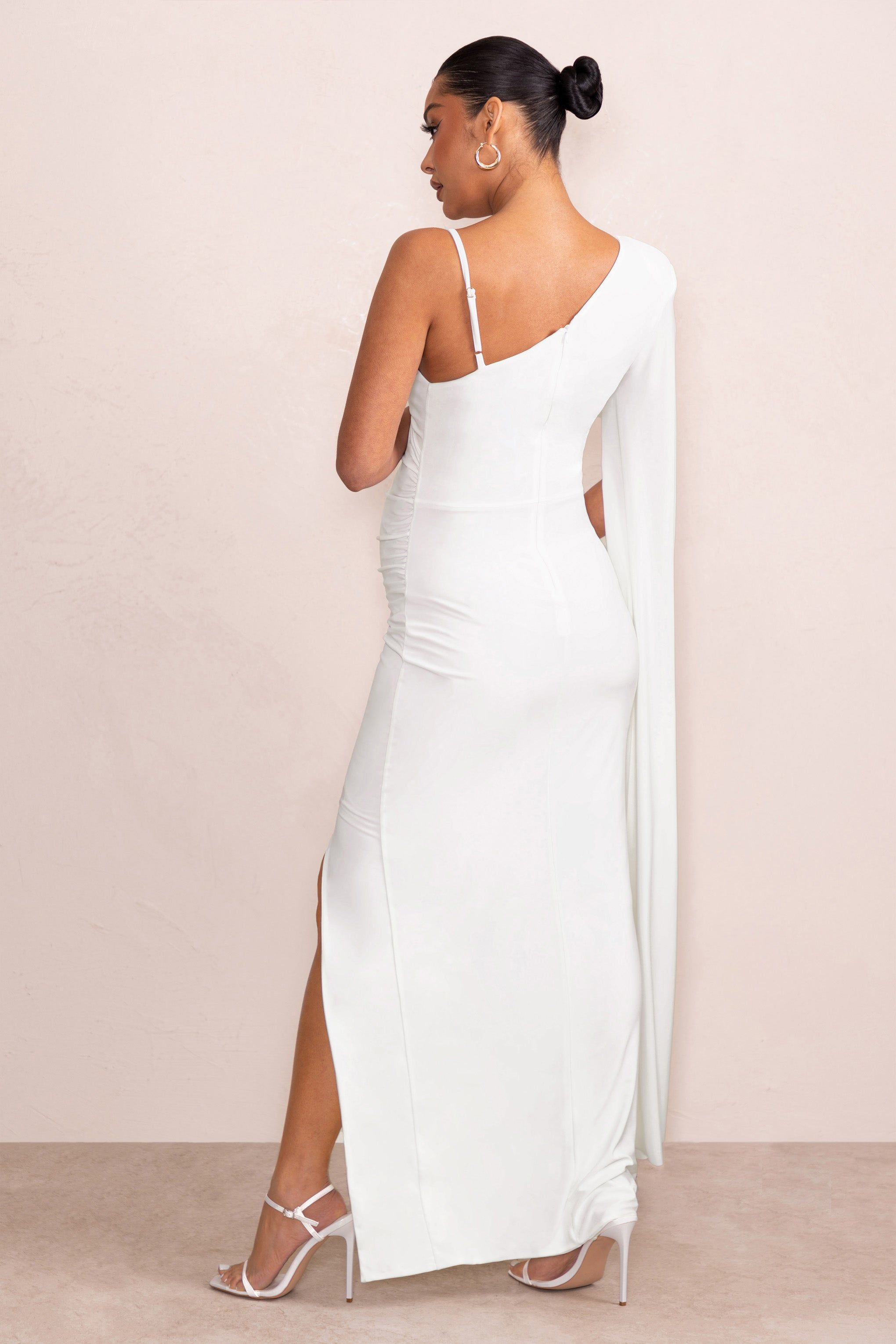 The Crown | White Asymmetric Plunge Maternity Maxi Dress with Cape Sleeve sold by Club L London product image thumbnail 2