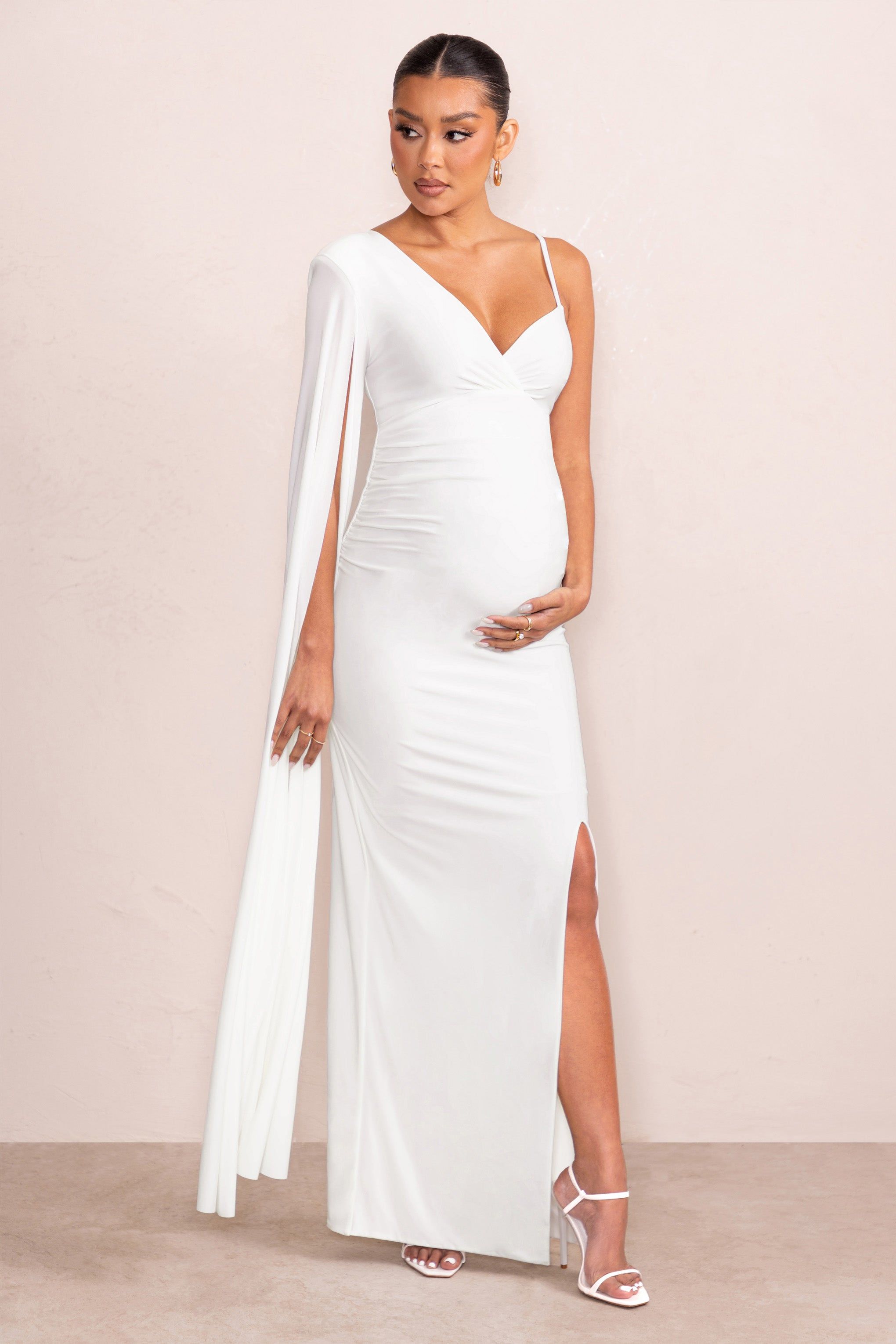 The Crown | White Asymmetric Plunge Maternity Maxi Dress with Cape Sleeve sold by Club L London product image thumbnail 4
