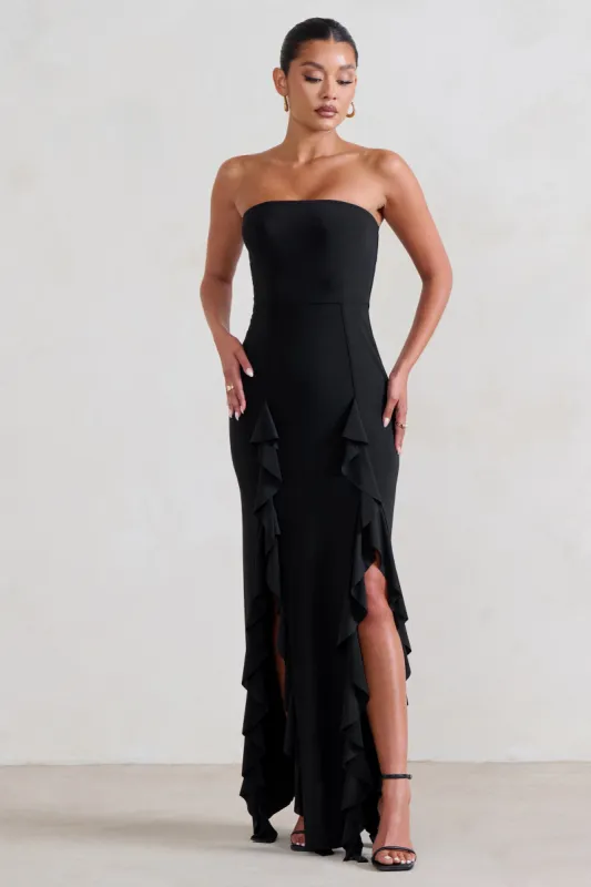 Susan | Black Bandeau Maxi Dress With Ruffled Splits sold by Club L London