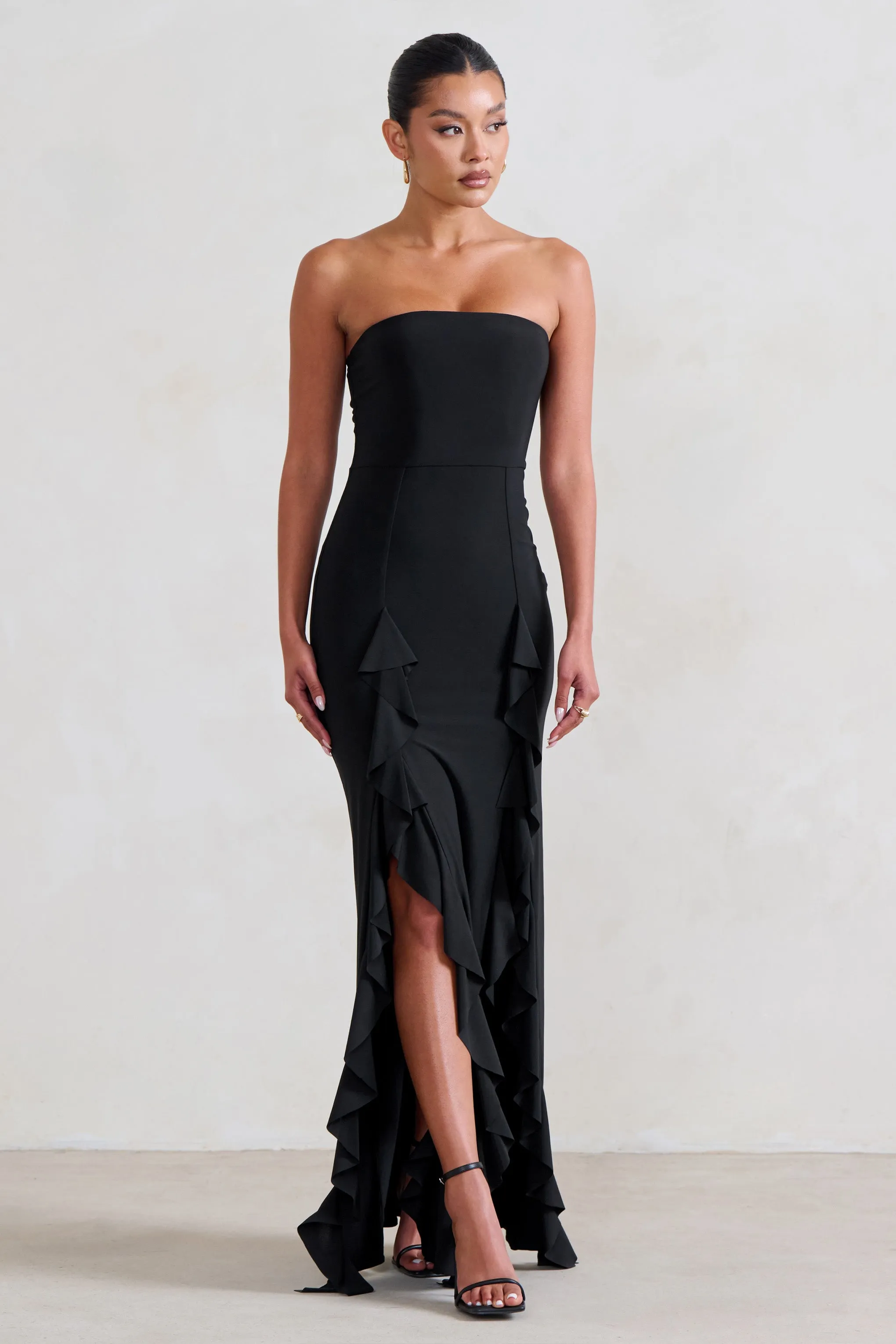 Susan | Black Bandeau Maxi Dress With Ruffled Splits sold by Club L London product image thumbnail 5