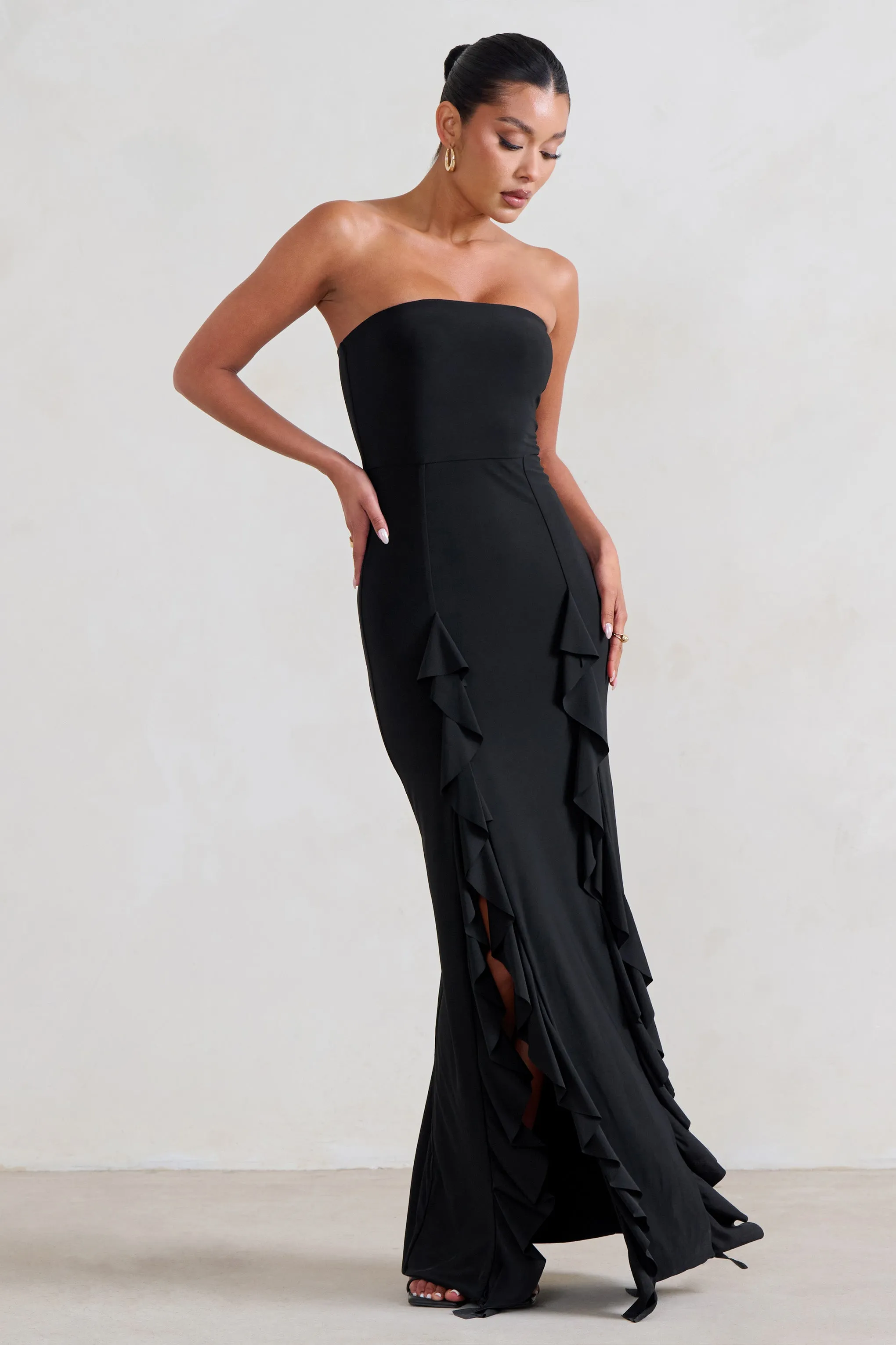 Susan | Black Bandeau Maxi Dress With Ruffled Splits sold by Club L London product image thumbnail 4