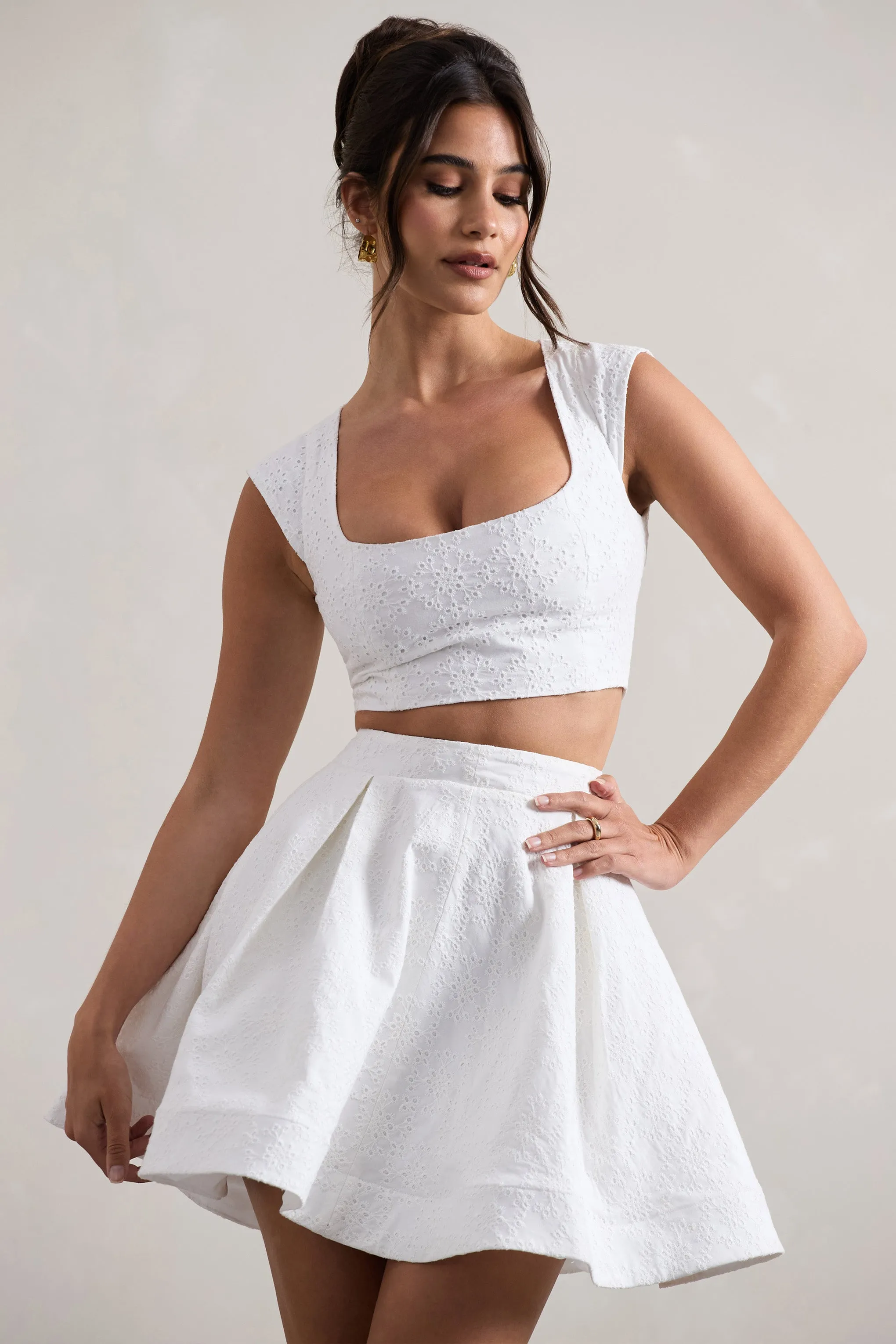 Estela | White Lace Square-Neck Crop Top sold by Club L London