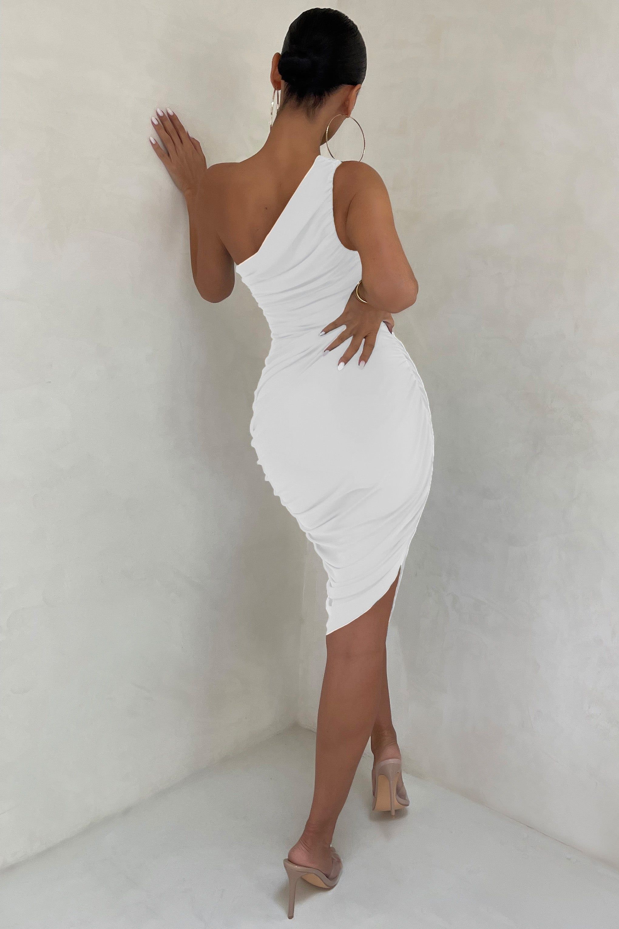 Late Night | Off White Asymmetrical One Shoulder Ruched Midi Dress sold by Club L London product image thumbnail 2
